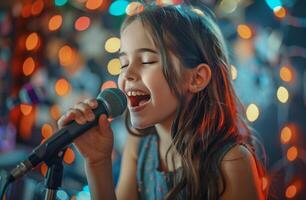 ai generato giovane ragazza cantando in un' microfono foto