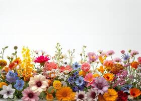 ai generato assortito fiori disposte ordinatamente su un' tavolo foto