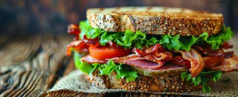 ai generato Bacon lattuga pomodoro Sandwich su di legno tavola foto