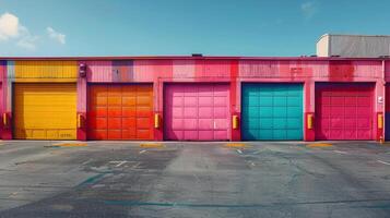 ai generato riga di brillantemente colorato box auto porte nel parcheggio lotto foto