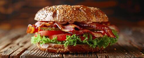 ai generato Bacon, lattuga, e pomodoro Sandwich su di legno tavolo foto