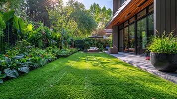 ai generato Giardino dietro la casa con prato e paesaggio foto