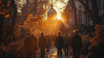 ai generato gruppo di persone a piedi giù strada a tramonto foto