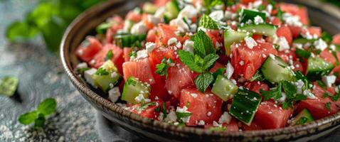 ai generato rinfrescante anguria, cetriolo, e menta insalata ciotola foto