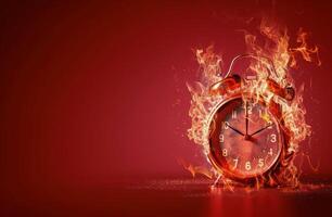 ai generato allarme orologio Engulfed nel fiamme su rosso sfondo foto