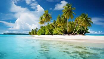 ai generato tropicale spiaggia, turchese mare acqua, oceano onda, giallo sabbia, verde palme, sole blu cielo, bianca nuvole, bellissimo paesaggio marino, ai generato foto