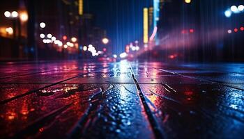 ai generato buio strada, riflessione di neon leggero su bagnato asfalto. raggi di leggero e rosso laser leggero nel il scuro. notte Visualizza di il strada, abtract colorato futuristico notte città sfondo. foto