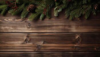 ai generato Natale abete albero con decorazione su buio di legno sfondo. festivo saluto carta con spazio per testo. superiore Visualizza, piatto posizione. ai generato foto