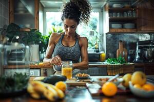 ai generato salutare stile di vita - donna preparazione cibo nel cucina foto