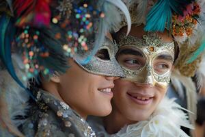 ai generato avvicinamento di un' sorridente coppia ornato con festivo, ornato maschere a un' masquerade foto