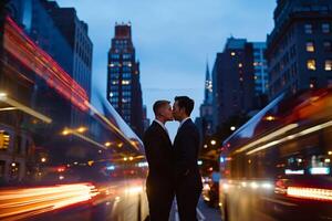 ai generato silhouette di un' coppia baci in mezzo vivace città luci e traffico sfoca a crepuscolo foto