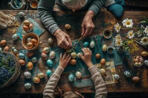 ai generato mani di anziano e bambino pittura uova per Pasqua su un' rustico di legno tavolo foto