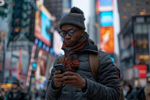 ai generato giovane uomo sms su smartphone nel vivace città foto