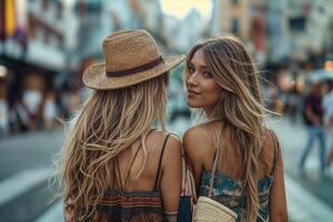 ai generato indietro Visualizza di Due giovane donne a piedi nel il città, godendo un' giorno su insieme foto