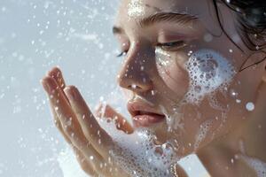 ai generato avvicinamento di un' donna di viso con sapone schiuma, attraente acqua goccioline foto