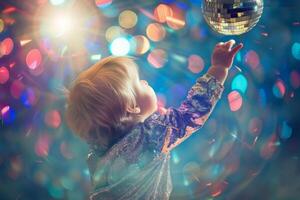 ai generato giovane bambino nel un' glitterato attrezzatura raggiunge su per un' splendente discoteca palla in mezzo colorato bokeh luci foto