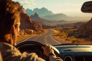 ai generato uomo guida un' auto su un Aperto strada con panoramico montagna fondale durante tramonto foto