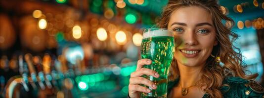 ai generato allegro donna godendo un' pinta di birra a un' bar foto