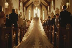 ai generato sposa a piedi giù il corridoio nel Chiesa cerimonia foto