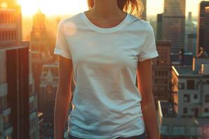 ai generato urbano tramonto splendore su donna nel bianca maglietta foto