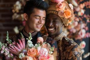 ai generato gioioso multietnico coppia festeggiare con fiori foto