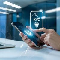 ai generato un' moderno elegante Immagine di un' persona kyc verifica utilizzando loro smartphone foto