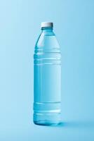 ai generato avvicinamento plastica bottiglia con chiaro puro minerale acqua per bevanda isolato su blu sfondo foto