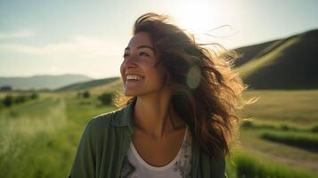 ai generato un' chiaro blu cielo, un' carino donna Leans su di un' auto finestra, sua risata riecheggiando nel il aria, luce del sole baci sua guance, cattura un' momento di spensierato gioia e felicità foto