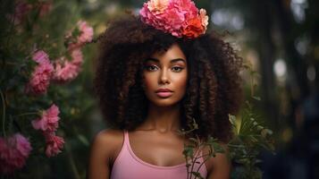 ai generato travolgente Immagine di un' sbalorditivo giovane afro americano donna indossare un' Impressionante rosa fascia per capelli, sua pelle trasudante un' naturale, salutare incandescenza, circondato di lussureggiante verdura e vivace fiori foto