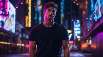 ai generato un' carismatico maschio modello indossare un' nero cotone maglietta a piedi attraverso un' moderno paesaggio urbano illuminato di neon luci foto
