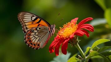 ai generato Perfetto leggero per argynnis niobe farfalla su rosso fiore foto