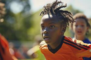 ai generato bambini giocando calcio a un' estate campo. generativo ai foto