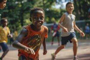 ai generato bambini giocando calcio a un' estate campo. generativo ai foto