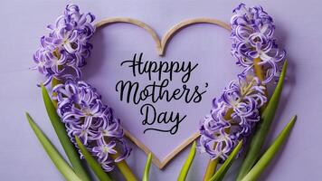 ai generato saluto carta per madri giorno con giacinto fiori cuore foto