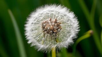 ai generato img vicino su di dente di leone fiore vetrine intricato dettagli su verde foto