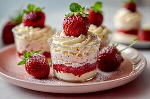 ai generato stratificato fragola dolce con frustato crema nel bicchiere tazza, sormontato con un' fragola e menta le foglie. buongustaio dolce con fresco estate frutti di bosco. selettivo messa a fuoco foto