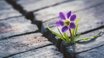 ai generato morbido messa a fuoco di viola fiore in crescita nel crepa, vuoto testo foto