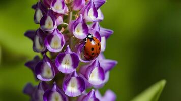 ai generato immagine coccinella su viola lupino fiore nel estate giardino foto