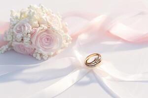 ai generato classico matrimonio d'oro anelli con bianca e rosa nastro sfondo foto