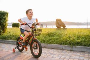 bambini su un' bicicletta a asfalto strada nel presto mattina. poco ragazzo impara per cavalcata un' bicicletta nel il parco. contento sorridente bambino, equitazione un' Ciclismo. foto