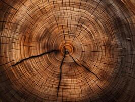 ai generato vecchio di legno quercia albero tagliare superficie. dettagliato caldo buio Marrone e arancia toni di un' abbattuto albero tronco o ceppo. ruvido biologico struttura di albero anelli con vicino su di fine grano. foto