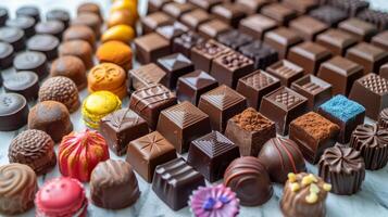 ai generato assortito cioccolatini visualizzato su un' tavolo foto