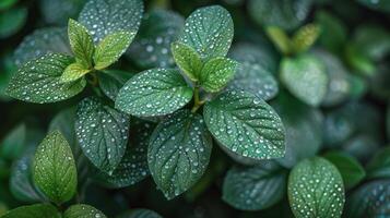 ai generato fresco verde le foglie coperto nel acqua gocce foto