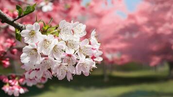 ai generato digitale sakura fiore ciliegia fiorire saluto carta modello, superficiale profondità foto