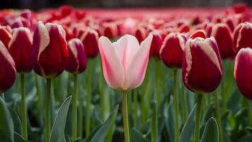 ai generato bellissimo giardino scena con rosa tulipano tra rosso tulipani foto