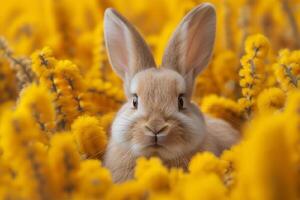 ai generato carino coniglio nel primavera fiori. foto