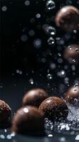 ai generato cioccolato palle volante con acqua gocce su buio sfondo foto