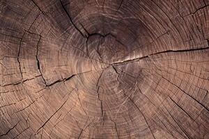 naturale bellezza, vicino su di grande circolare legna attraversare sezione con intricato albero squillare struttura e crepe. foto