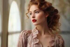 ai generato ritratto di sensuale giovane rosso dai capelli donna con lungo Zenzero Riccio capelli a il finestra. foto