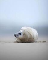 un' bambino foca posa su il sabbia nel il oceano foto